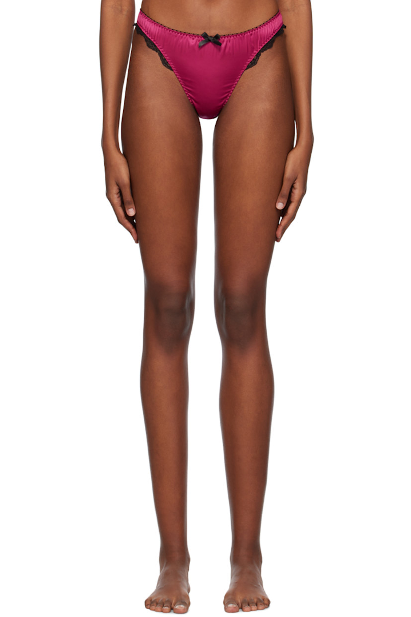 Stretch polyester satin briefs. Scalloped lace trim throughout.

· Elasticized waistband 
· Bow appliqué at front
· Partial cotton jersey lining

Supplier color: Fuchsia/Black