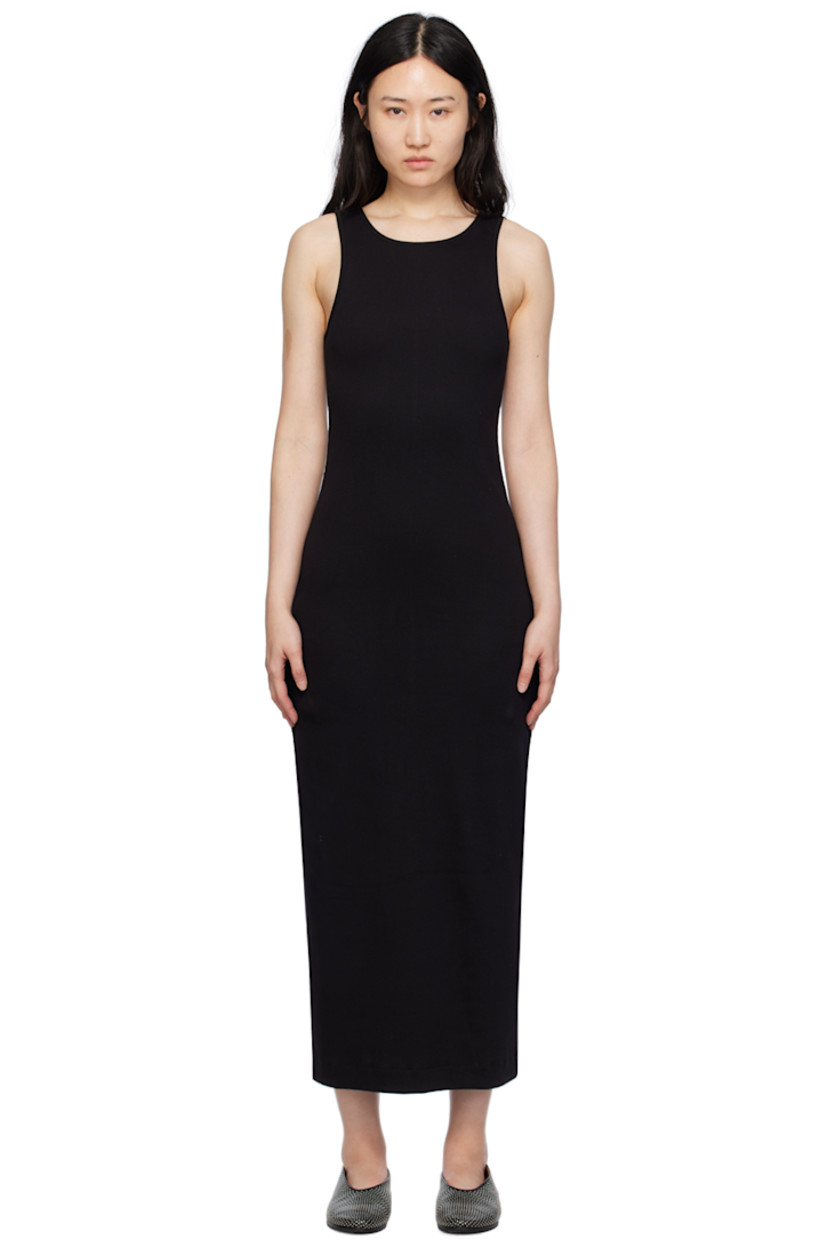 Stretch organic cotton ribbed jersey dress. 

· Scoop neck
· Fixed shoulder straps
· Central seam at back

Supplier color: Black