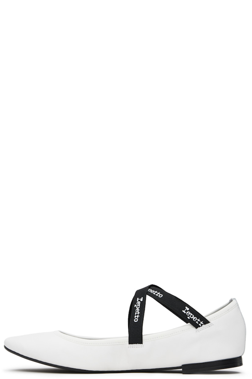 Grained nappa calfskin Mary Jane-style ballerina flats in white.

· Logo-printed crisscrossing elasticized straps at vamp
· Grosgrain trim at collar
· Grained lambskin lining
· Stacked leather heel with rubber injection
· Rubber sole

Supplier color: Blanc