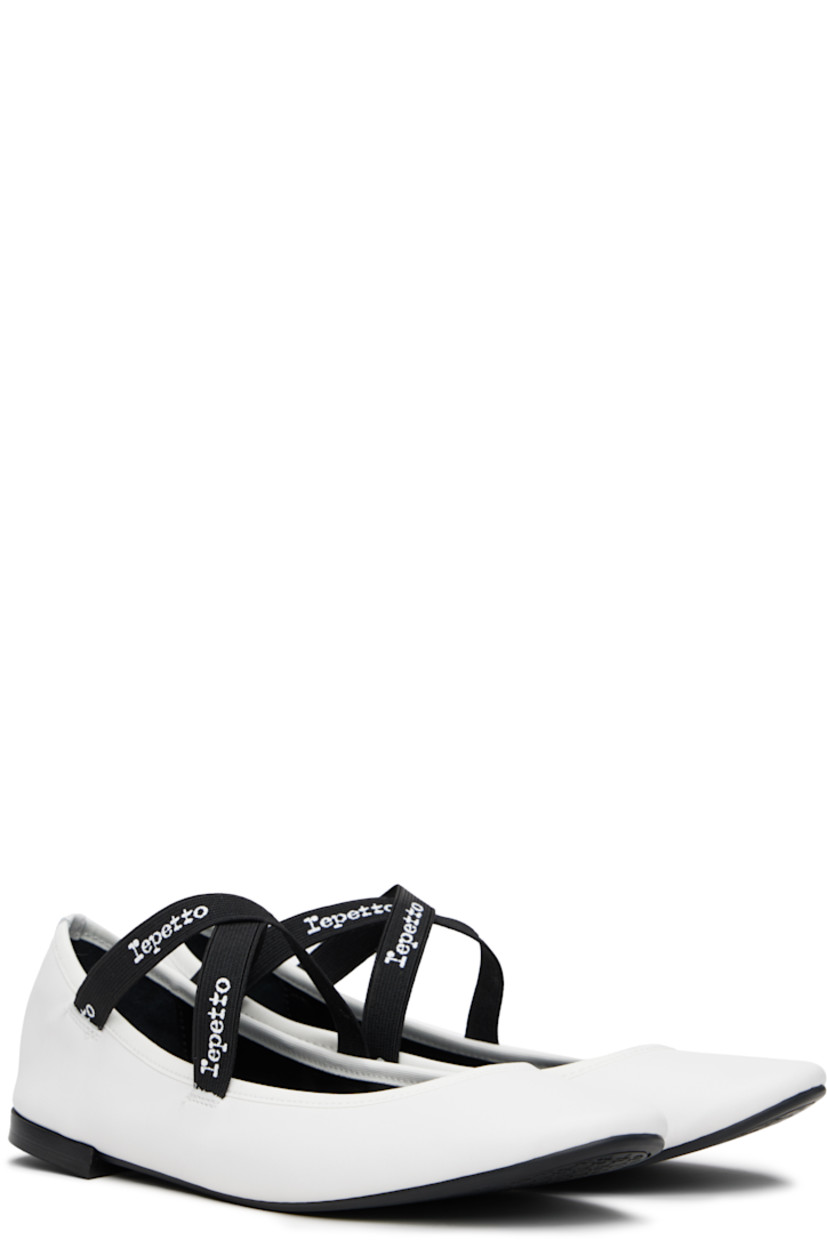 Grained nappa calfskin Mary Jane-style ballerina flats in white.

· Logo-printed crisscrossing elasticized straps at vamp
· Grosgrain trim at collar
· Grained lambskin lining
· Stacked leather heel with rubber injection
· Rubber sole

Supplier color: Blanc