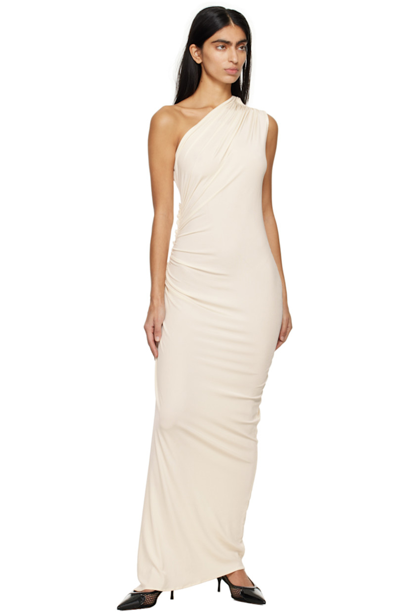 Rib knit stretch viscose dress.

· Single-shoulder construction
· Ruching and ruffles at side seam and shoulder

Supplier color: Off-white