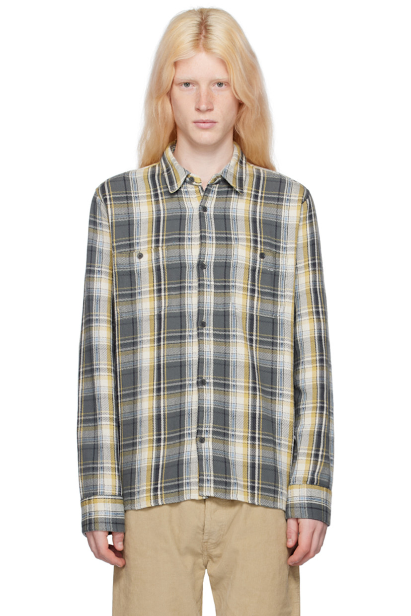 Cotton flannel shirt. Jacquard check pattern throughout.

· Spread collar
· Button closure
· Patch pockets
· Vented side seams
· Single-button barrel cuffs
· Partial plain-woven cotton lining

Supplier color: Olive/Ecru/Mustard