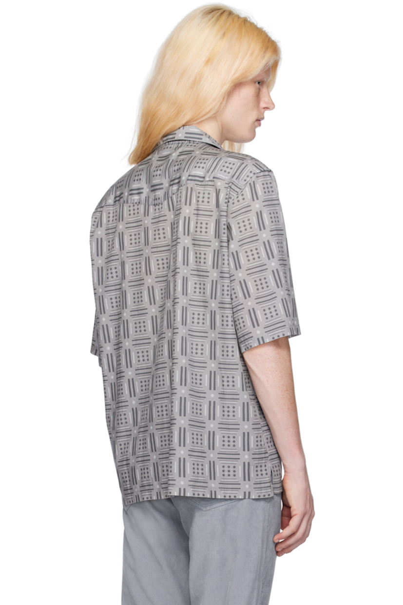 Lyocell- and cotton-blend poplin shirt. Graphic pattern printed throughout.

· Open spread collar
· Button closure
· Vented side seams
· Partial plain-woven cotton lining

Supplier color: Grey/Dk grey/White