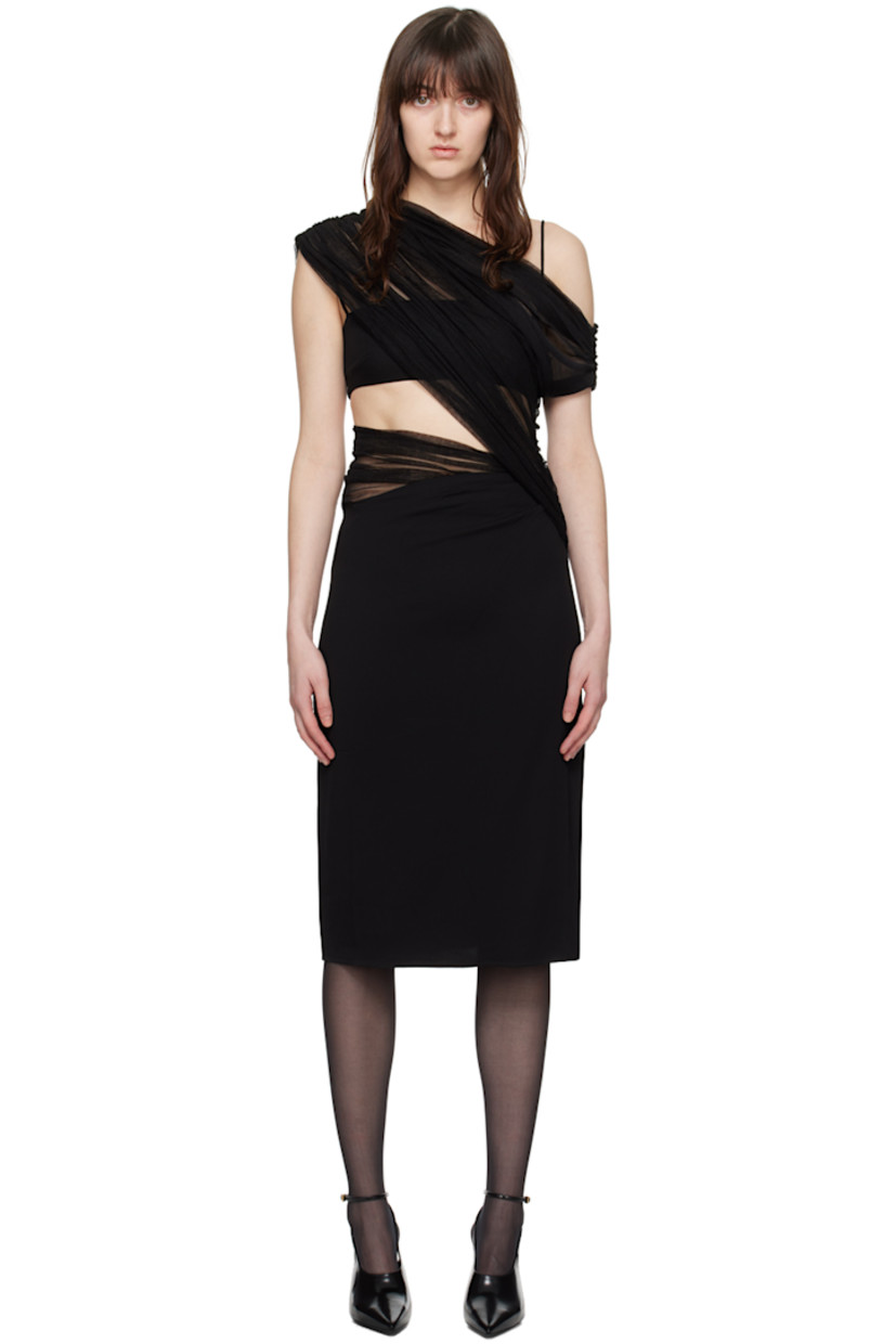 Sheer silk mesh and stretch polyester jersey dress. Draping, gathering, and cutouts throughout. 

· Asymmetrical construction
· Concealed zip closure at side seam
· Integrated bra at interior

Supplier color: Black