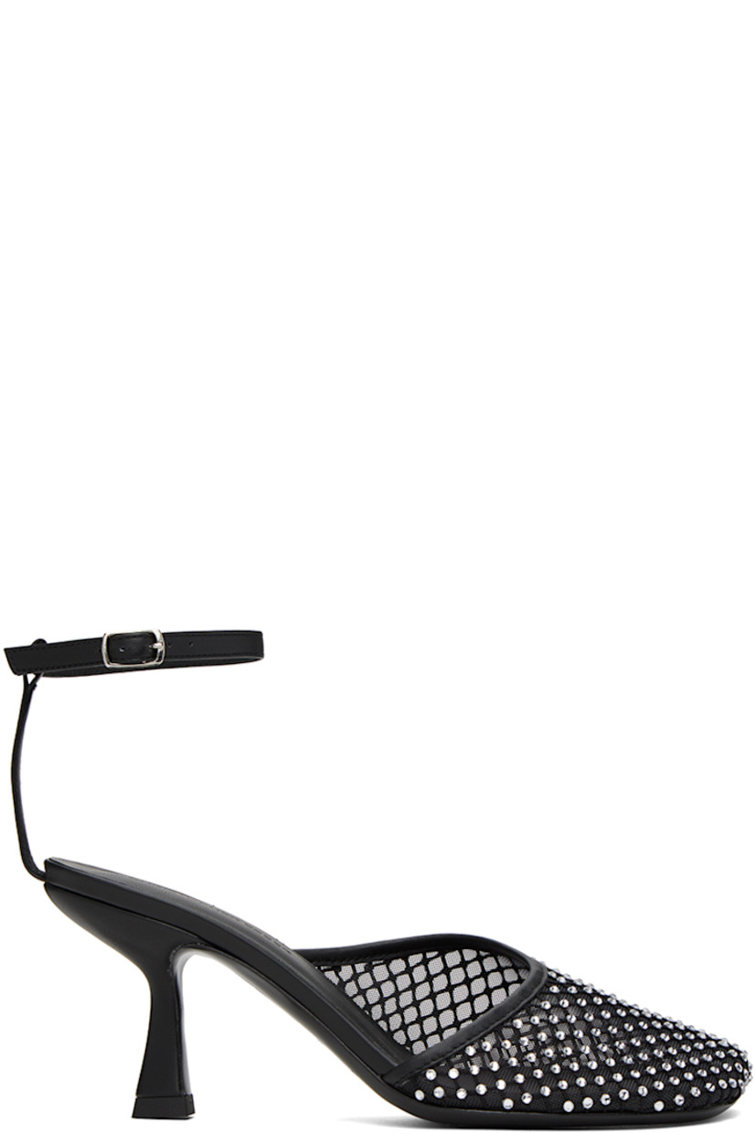Semi-sheer stretch polyester mesh heels in black. 

· Crystal-cut detailing throughout
· Buffed leather trim throughout
· Square toe
· Pin-buckle ankle strap
· Logo embossed at padded leather footbed
· Covered heel with rubber injection
· Leather sole
· Heel: H2.75"

Supplier color: Nikel