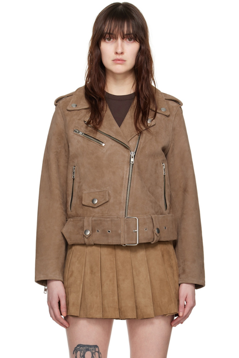 Goat leather suede jacket. 

· Press-stud fastening at notched lapels
· Zip closure 
· Zip and flap pockets 
· Adjustable pin-buckle belt at hem 
· Press-stud epaulettes 
· Zipped vent at cuffs 
· Full twill lining 

Supplier color: Sandstone beige