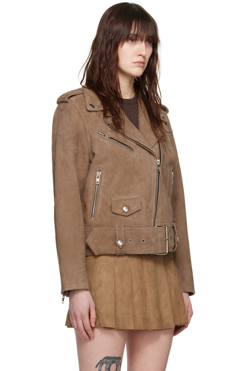 Goat leather suede jacket. 

· Press-stud fastening at notched lapels
· Zip closure 
· Zip and flap pockets 
· Adjustable pin-buckle belt at hem 
· Press-stud epaulettes 
· Zipped vent at cuffs 
· Full twill lining 

Supplier color: Sandstone beige