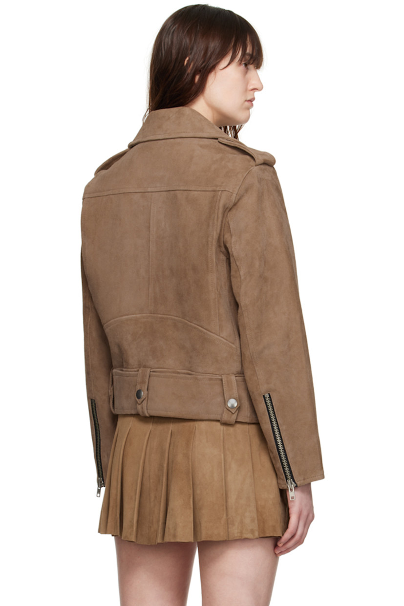 Goat leather suede jacket. 

· Press-stud fastening at notched lapels
· Zip closure 
· Zip and flap pockets 
· Adjustable pin-buckle belt at hem 
· Press-stud epaulettes 
· Zipped vent at cuffs 
· Full twill lining 

Supplier color: Sandstone beige