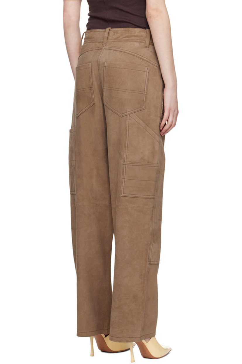 Goatskin suede pants. 

· Paneled construction 
· Belt loops 
· Four-pocket styling 
· Zip-fly
· Patch pocket at outseams 
· Partial stretch satin lining

Supplier color: Sandstone beige