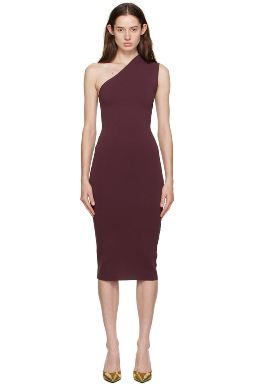 Knit rayon- and nylon-blend dress.

· Single-shoulder construction
· Rib knit neckline and armscye

Supplier color: Merlot
