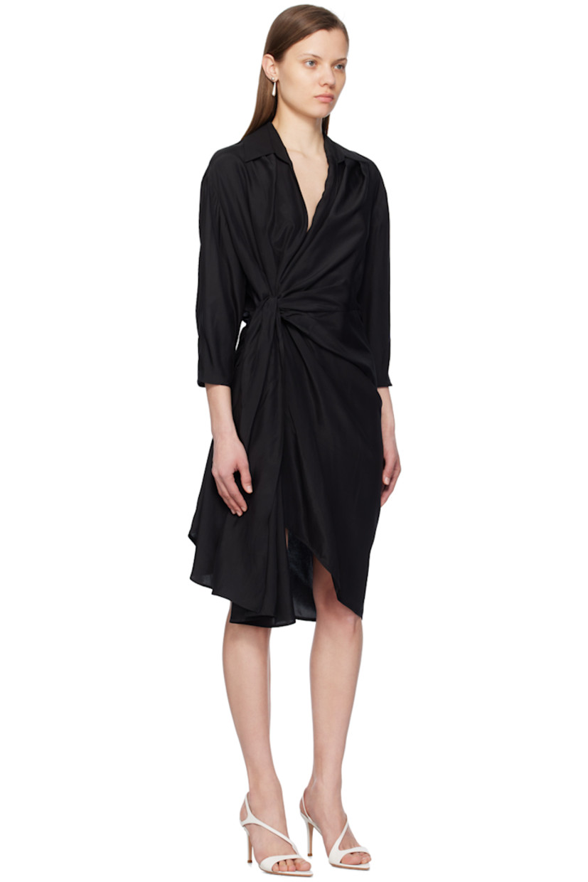 Silk crepe de chine dress. Pleats and gathering throughout. 

· Wrap construction
· Spread collar
· Asymmetric hem
· Self-tie fastening at side
· Concealed zip closure at side seam
· Partial acetate- and cupro-blend satin lining

Supplier color: Black