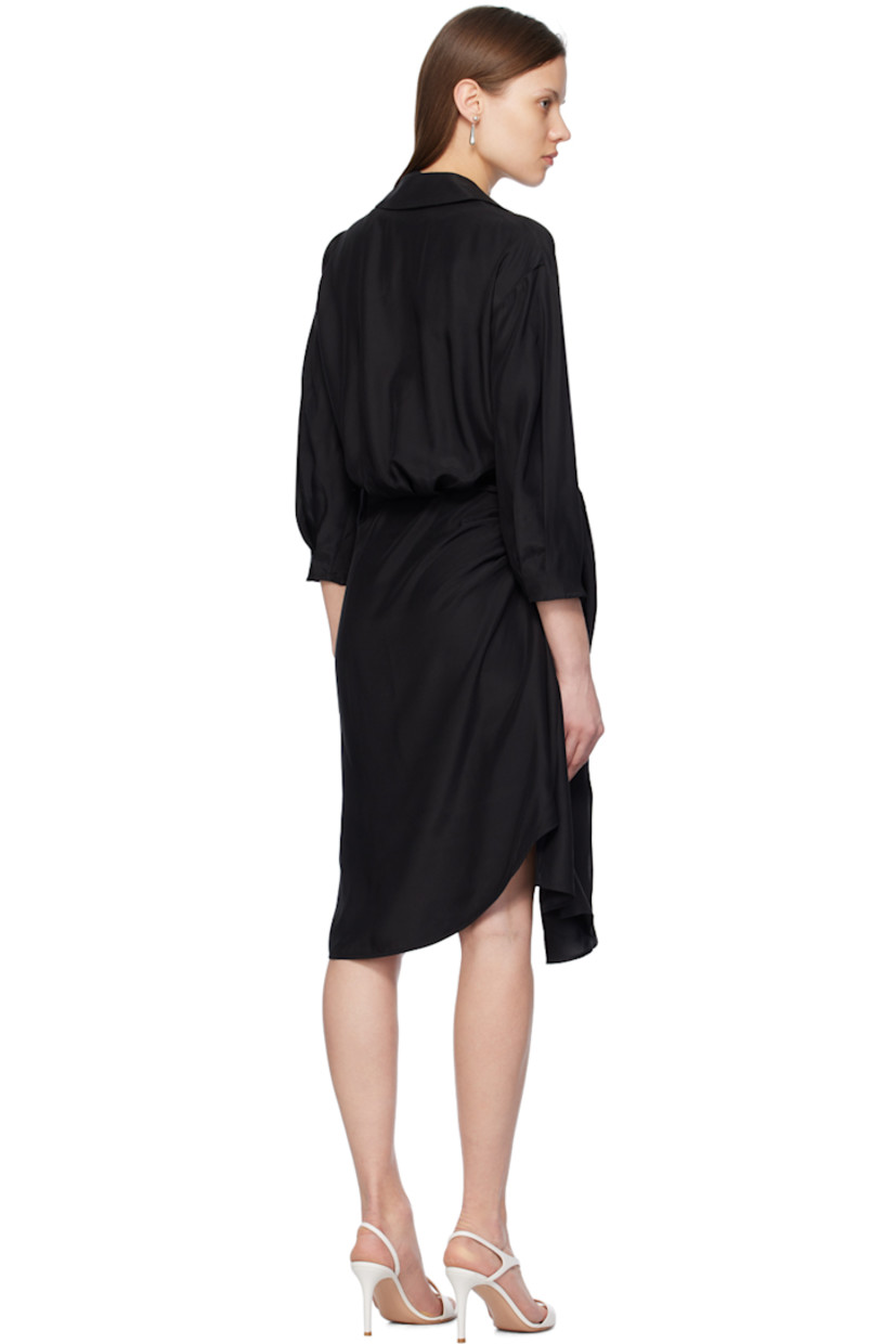 Silk crepe de chine dress. Pleats and gathering throughout. 

· Wrap construction
· Spread collar
· Asymmetric hem
· Self-tie fastening at side
· Concealed zip closure at side seam
· Partial acetate- and cupro-blend satin lining

Supplier color: Black