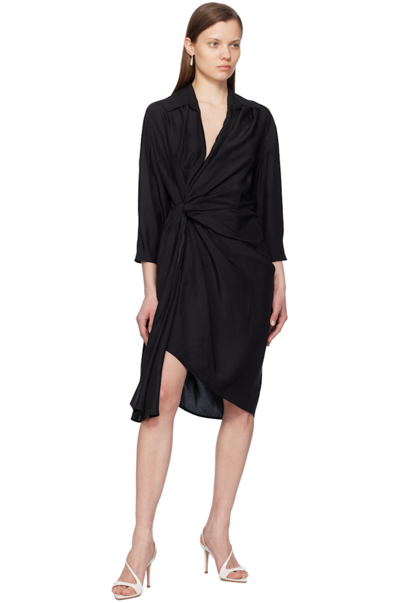 Silk crepe de chine dress. Pleats and gathering throughout. 

· Wrap construction
· Spread collar
· Asymmetric hem
· Self-tie fastening at side
· Concealed zip closure at side seam
· Partial acetate- and cupro-blend satin lining

Supplier color: Black