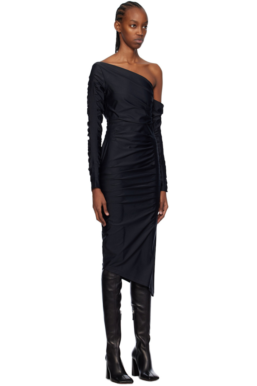 Stretch nylon jersey dress. Pleats throughout.

· Single-shoulder construction
· Zip closure at side seam

Supplier color: Black