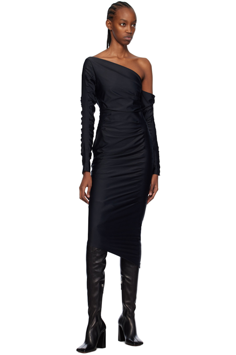 Stretch nylon jersey dress. Pleats throughout.

· Single-shoulder construction
· Zip closure at side seam

Supplier color: Black