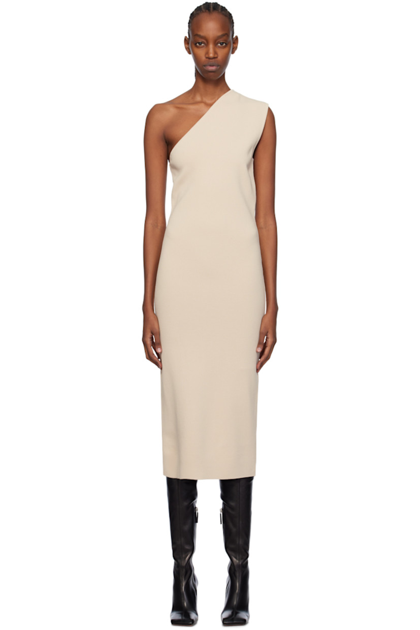 Rib knit rayon- and nylon-blend dress. Single-shoulder construction.

Supplier color: Latte