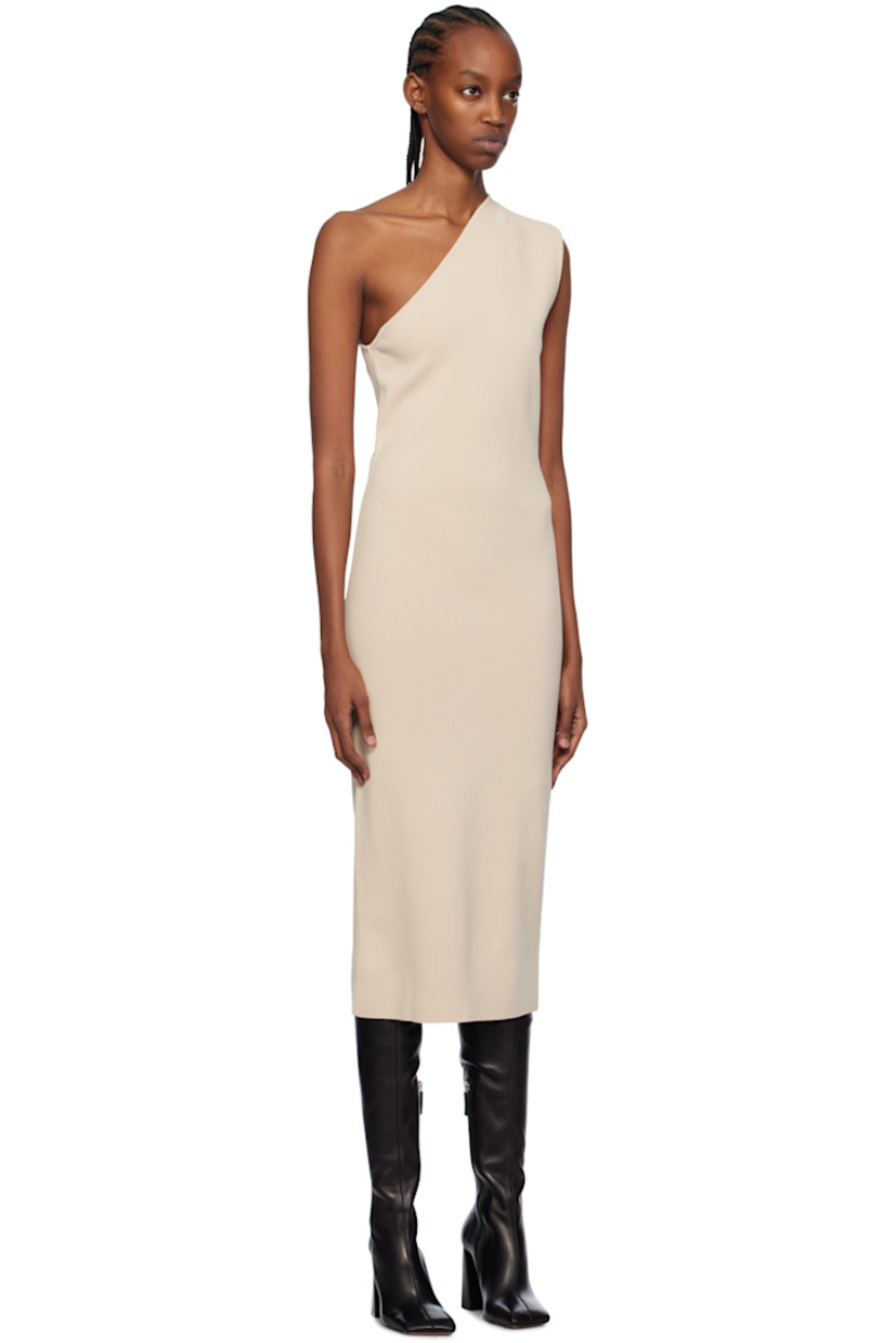 Rib knit rayon- and nylon-blend dress. Single-shoulder construction.

Supplier color: Latte