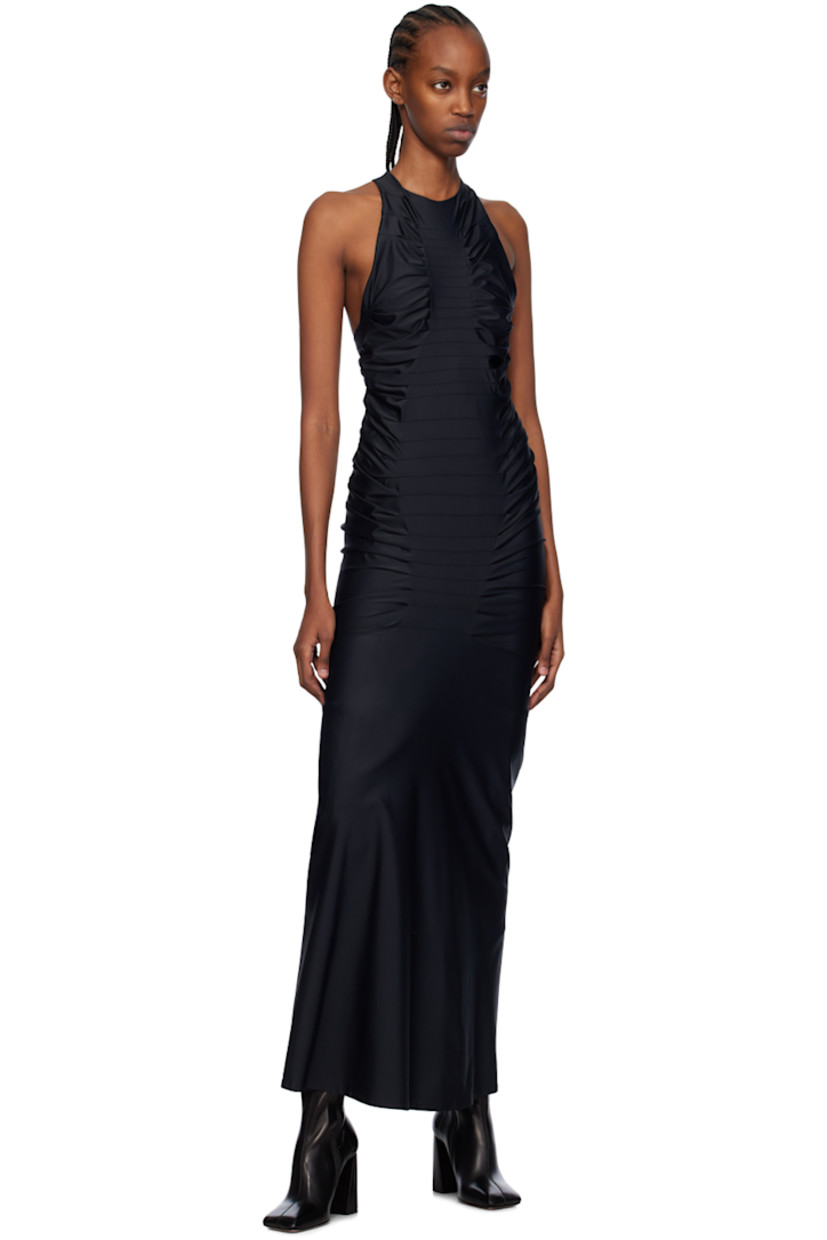 Stretch nylon jersey dress. Pleats throughout. 

· Round neck
· Zip closure at back collar 

Supplier color: Black