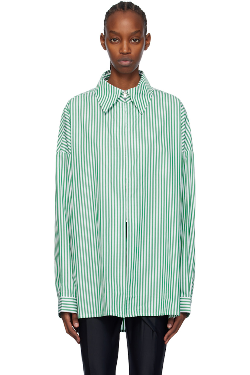 Cotton poplin shirt. Stripes throughout.

· Spread collar
· Partial zip closure
· Vent at front hem
· Droptail hem
· Dropped shoulders
· Single press-stud cuffs 

Supplier color: White/Evergreen