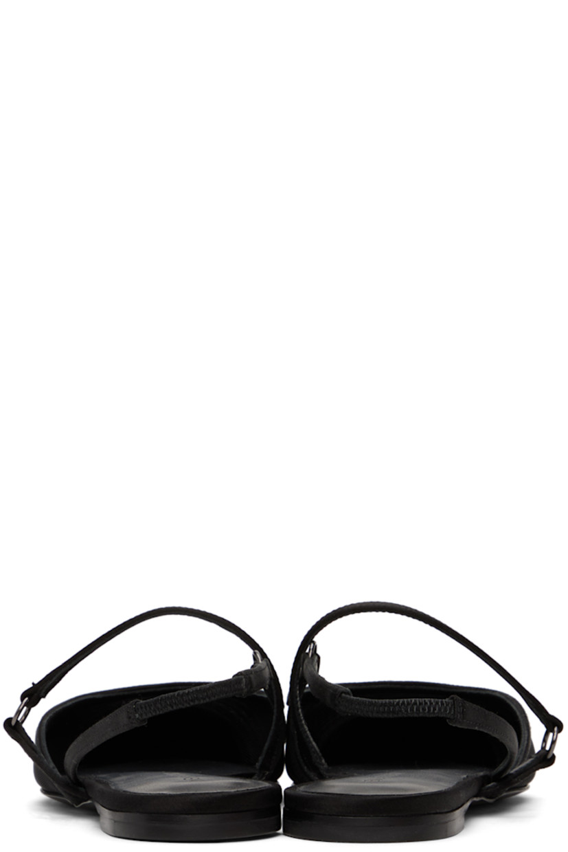 Semi-sheer tulle and satin flat sandals in black.

· Pointed toe
· Partially elasticized slingback strap
· Logo embossed at kidskin footbed
· Stacked leather heel with rubber injection
· Polished leather sole

Supplier color: Black