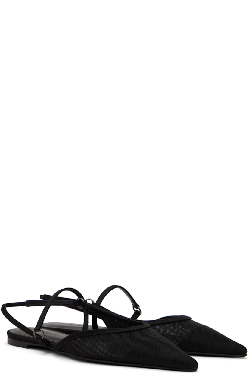 Semi-sheer tulle and satin flat sandals in black.

· Pointed toe
· Partially elasticized slingback strap
· Logo embossed at kidskin footbed
· Stacked leather heel with rubber injection
· Polished leather sole

Supplier color: Black