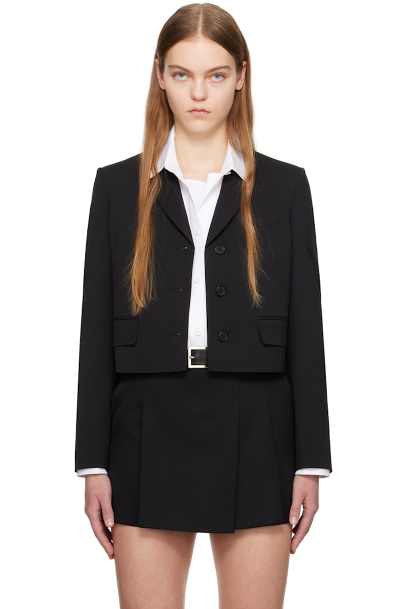Polyester- and wool-blend barathea blazer.

· Notched lapel
· Button closure
· Welt pocket and flap pockets
· Cropped hem
· Padded shoulders
· Four-button surgeon's cuffs
· Full satin lining

Supplier color: Black