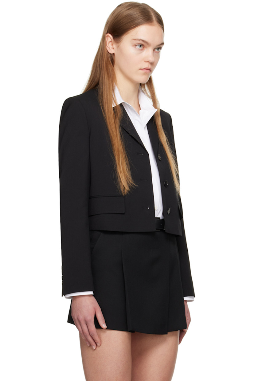 Polyester- and wool-blend barathea blazer.

· Notched lapel
· Button closure
· Welt pocket and flap pockets
· Cropped hem
· Padded shoulders
· Four-button surgeon's cuffs
· Full satin lining

Supplier color: Black