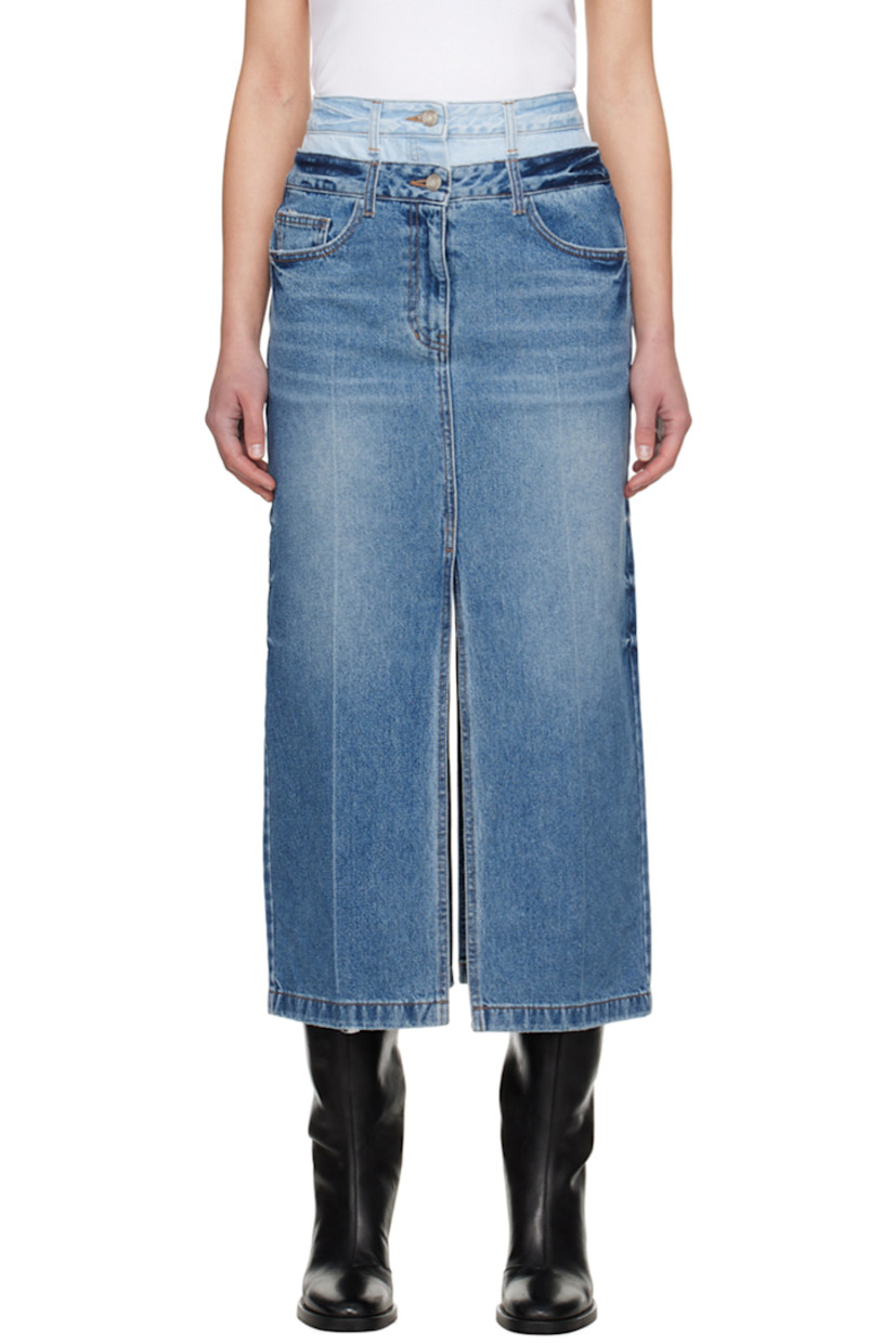 Non-stretch denim skirt. Fading, whiskering, and subtle distressing throughout. 

· Belt loops at layered waistband 
· Five-pocket styling
· Zip-fly 
· Central vent at front and back hem 
· Logo-engraved silver-tone hardware

Supplier color: Sky blue