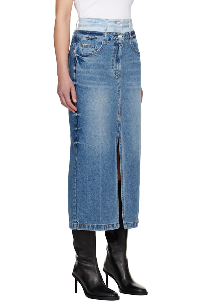 Non-stretch denim skirt. Fading, whiskering, and subtle distressing throughout. 

· Belt loops at layered waistband 
· Five-pocket styling
· Zip-fly 
· Central vent at front and back hem 
· Logo-engraved silver-tone hardware

Supplier color: Sky blue