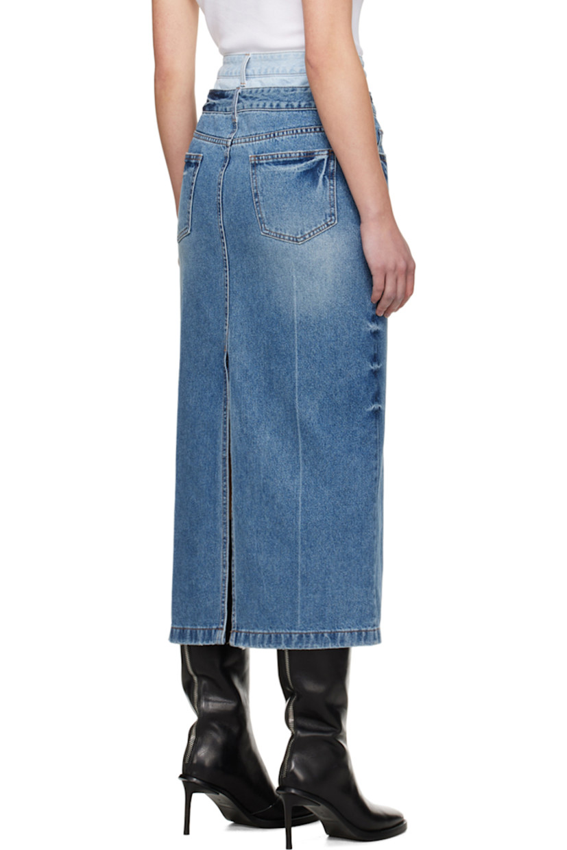 Non-stretch denim skirt. Fading, whiskering, and subtle distressing throughout. 

· Belt loops at layered waistband 
· Five-pocket styling
· Zip-fly 
· Central vent at front and back hem 
· Logo-engraved silver-tone hardware

Supplier color: Sky blue