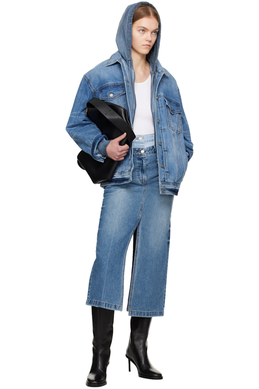 Non-stretch denim skirt. Fading, whiskering, and subtle distressing throughout. 

· Belt loops at layered waistband 
· Five-pocket styling
· Zip-fly 
· Central vent at front and back hem 
· Logo-engraved silver-tone hardware

Supplier color: Sky blue