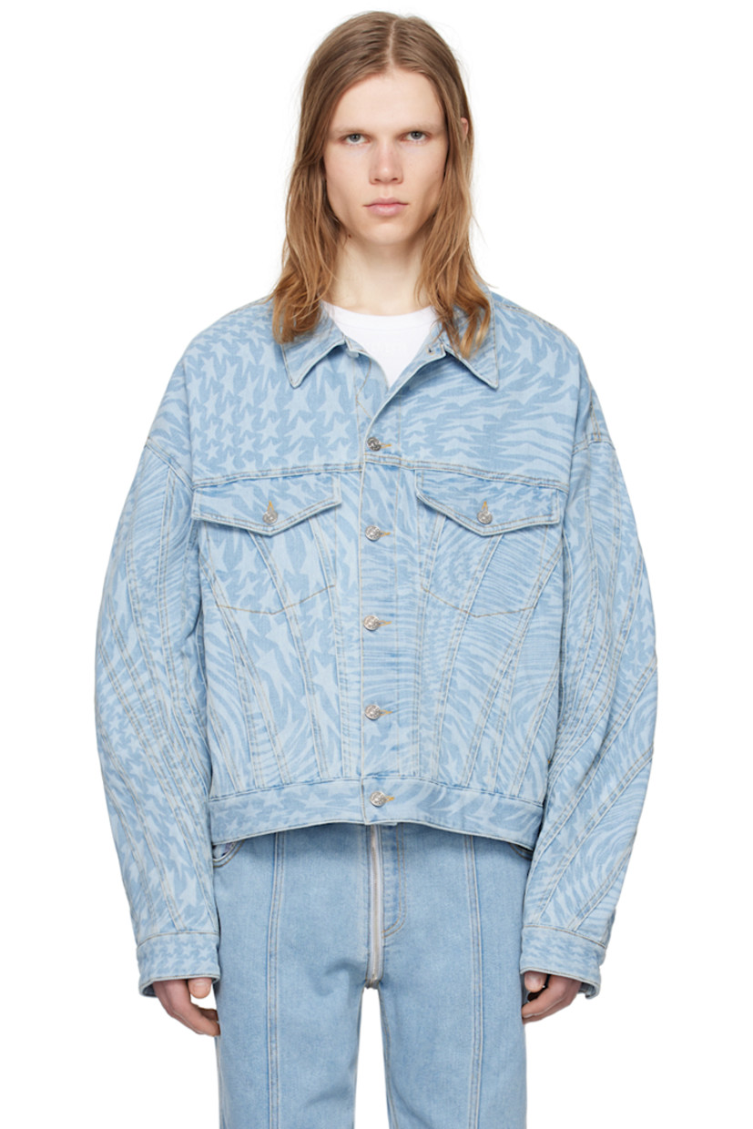 Stretch denim jacket. Graphic pattern printed throughout.

· Paneled construction
· Spread collar
· Button closure
· Flap and welt pockets
· Dropped shoulders
· Single-button barrel cuffs
· Leather logo patch at back hem
· Adjustable button tabs at back hem
· Logo-engraved silver-tone hardware
· Contrast stitching in orange

Supplier color: Laser printed star