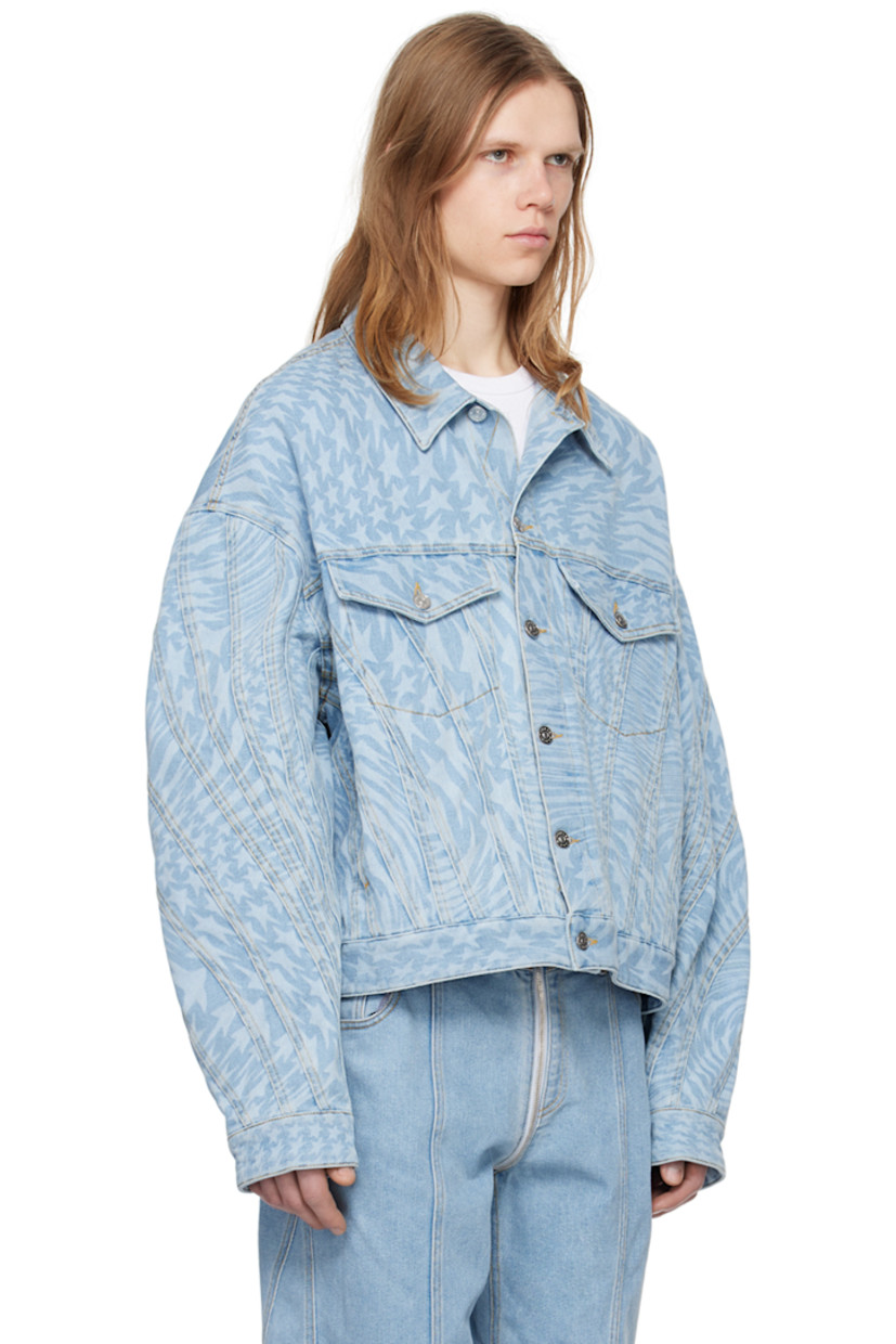 Stretch denim jacket. Graphic pattern printed throughout.

· Paneled construction
· Spread collar
· Button closure
· Flap and welt pockets
· Dropped shoulders
· Single-button barrel cuffs
· Leather logo patch at back hem
· Adjustable button tabs at back hem
· Logo-engraved silver-tone hardware
· Contrast stitching in orange

Supplier color: Laser printed star