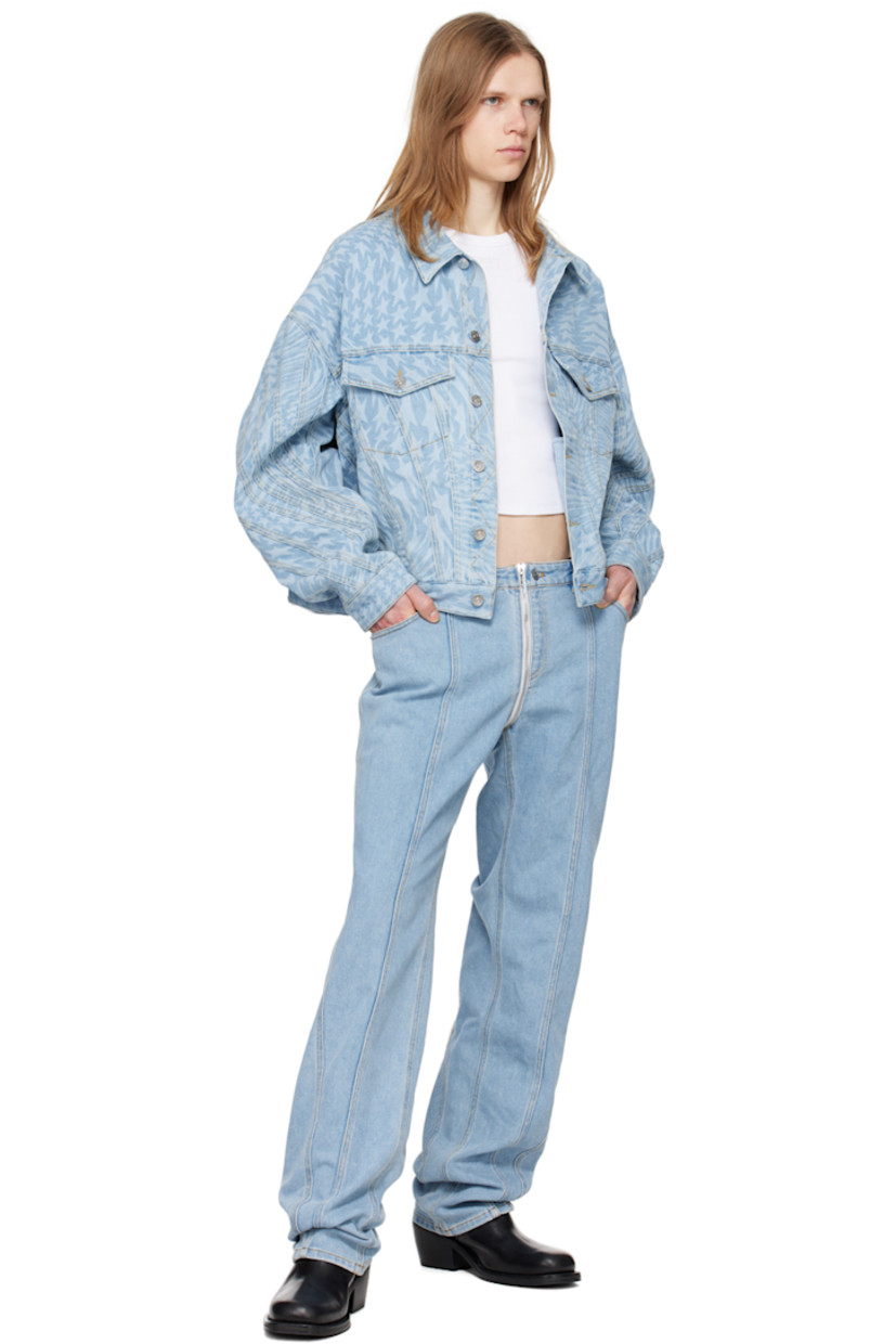 Stretch denim jacket. Graphic pattern printed throughout.

· Paneled construction
· Spread collar
· Button closure
· Flap and welt pockets
· Dropped shoulders
· Single-button barrel cuffs
· Leather logo patch at back hem
· Adjustable button tabs at back hem
· Logo-engraved silver-tone hardware
· Contrast stitching in orange

Supplier color: Laser printed star