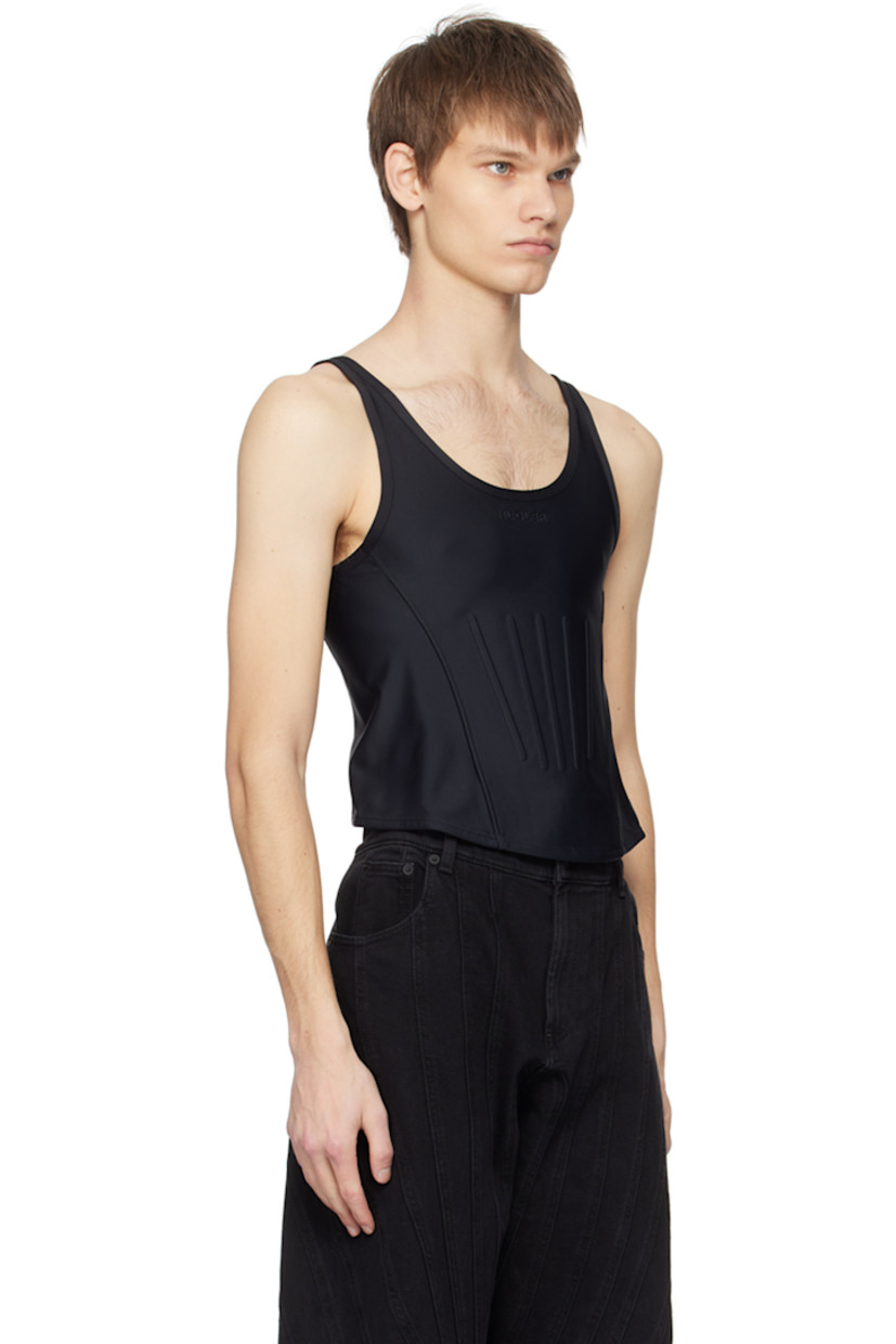 Stretch nylon jersey tank top.

· Logo embossed at scoop neck
· Boning at front
· Curved hem

Supplier color: Black