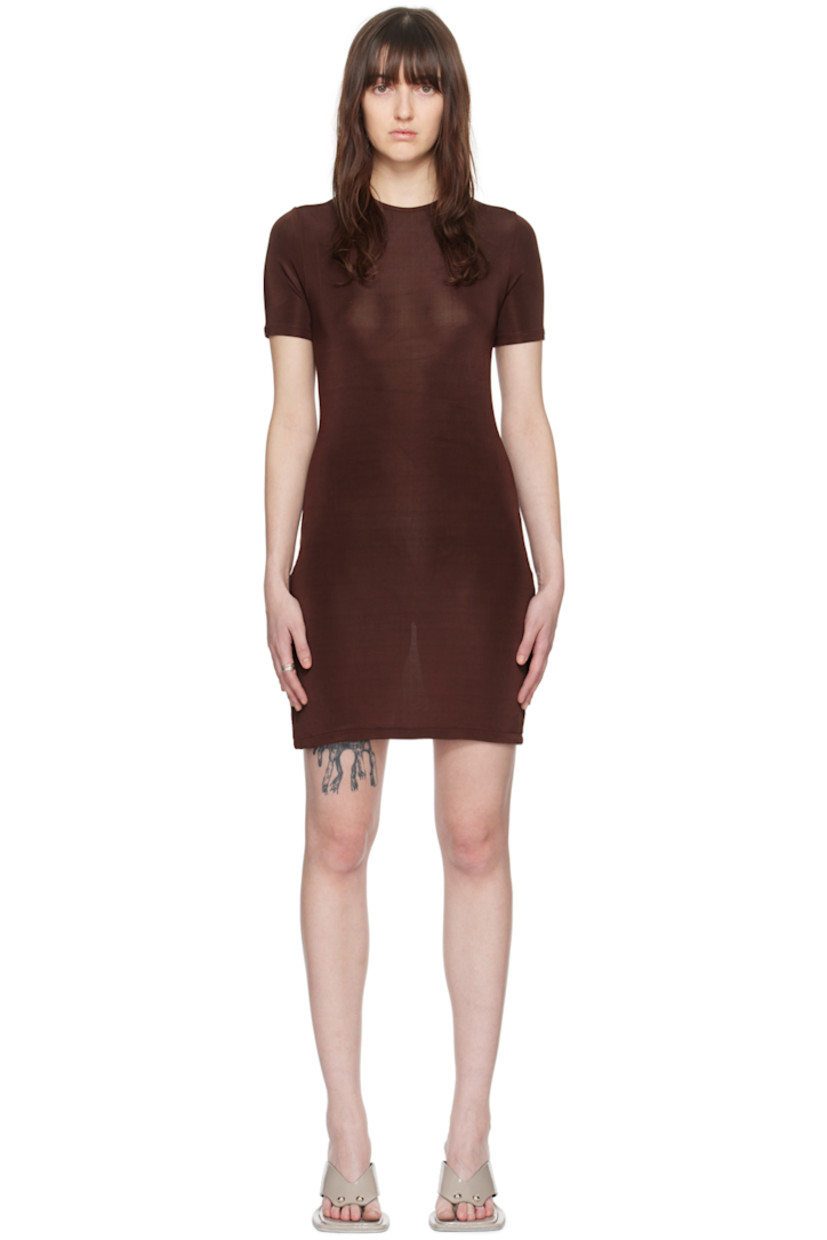 Stretch viscose mesh dress.

· Panelled construction
· Crewneck
· Asymmetric hem
· O-ring at side seam
· Unlined

Supplier color: Brown