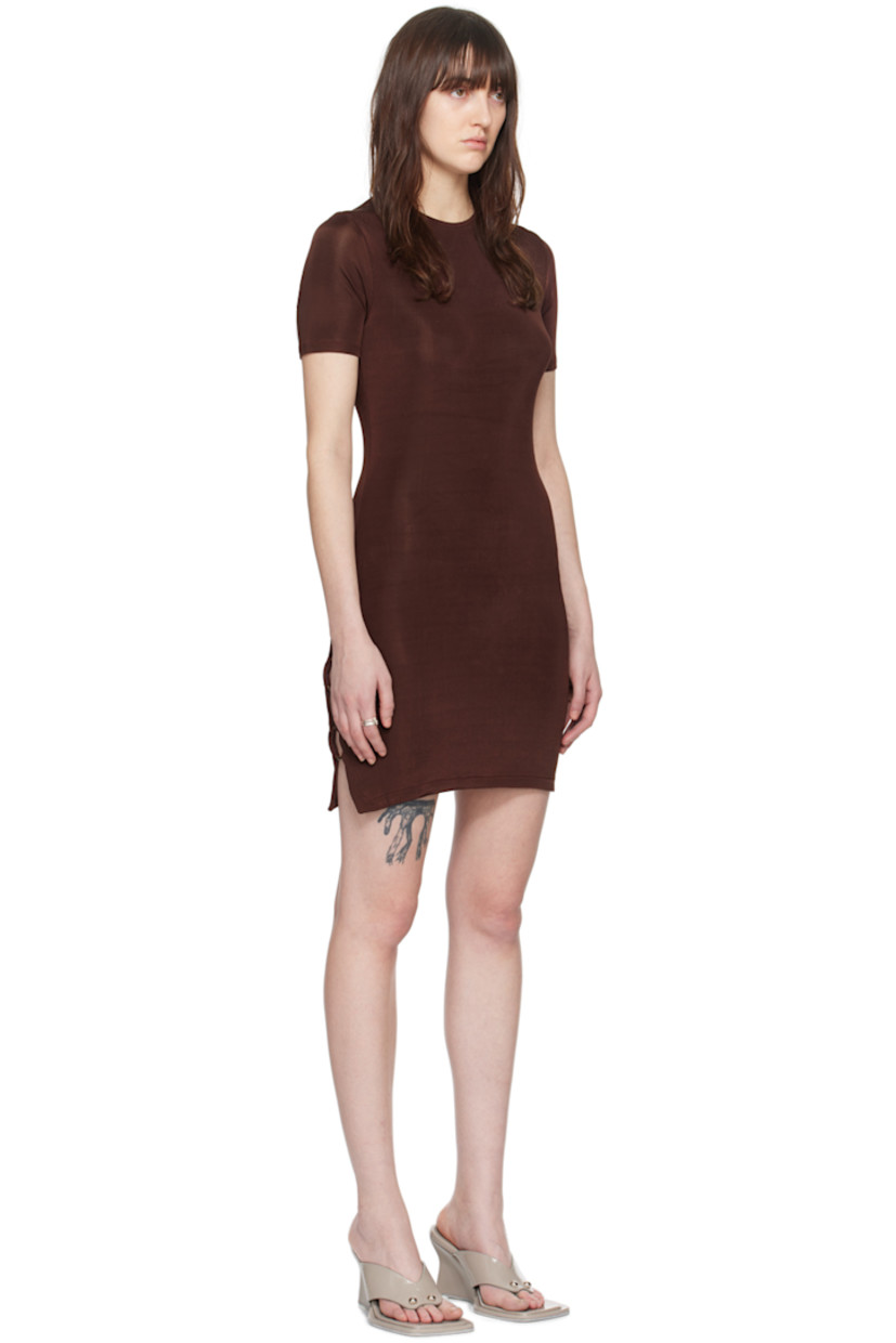 Stretch viscose mesh dress.

· Panelled construction
· Crewneck
· Asymmetric hem
· O-ring at side seam
· Unlined

Supplier color: Brown
