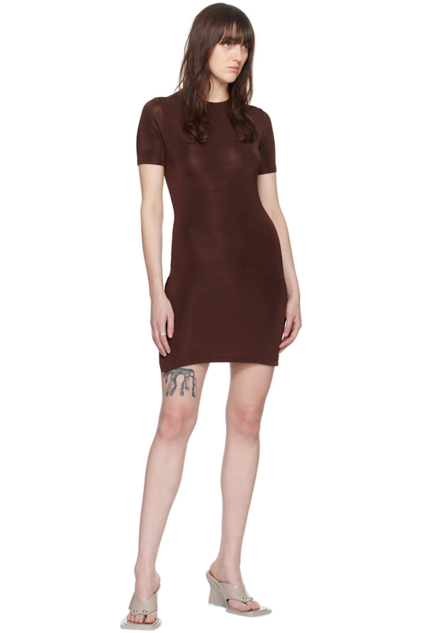 Stretch viscose mesh dress.

· Panelled construction
· Crewneck
· Asymmetric hem
· O-ring at side seam
· Unlined

Supplier color: Brown