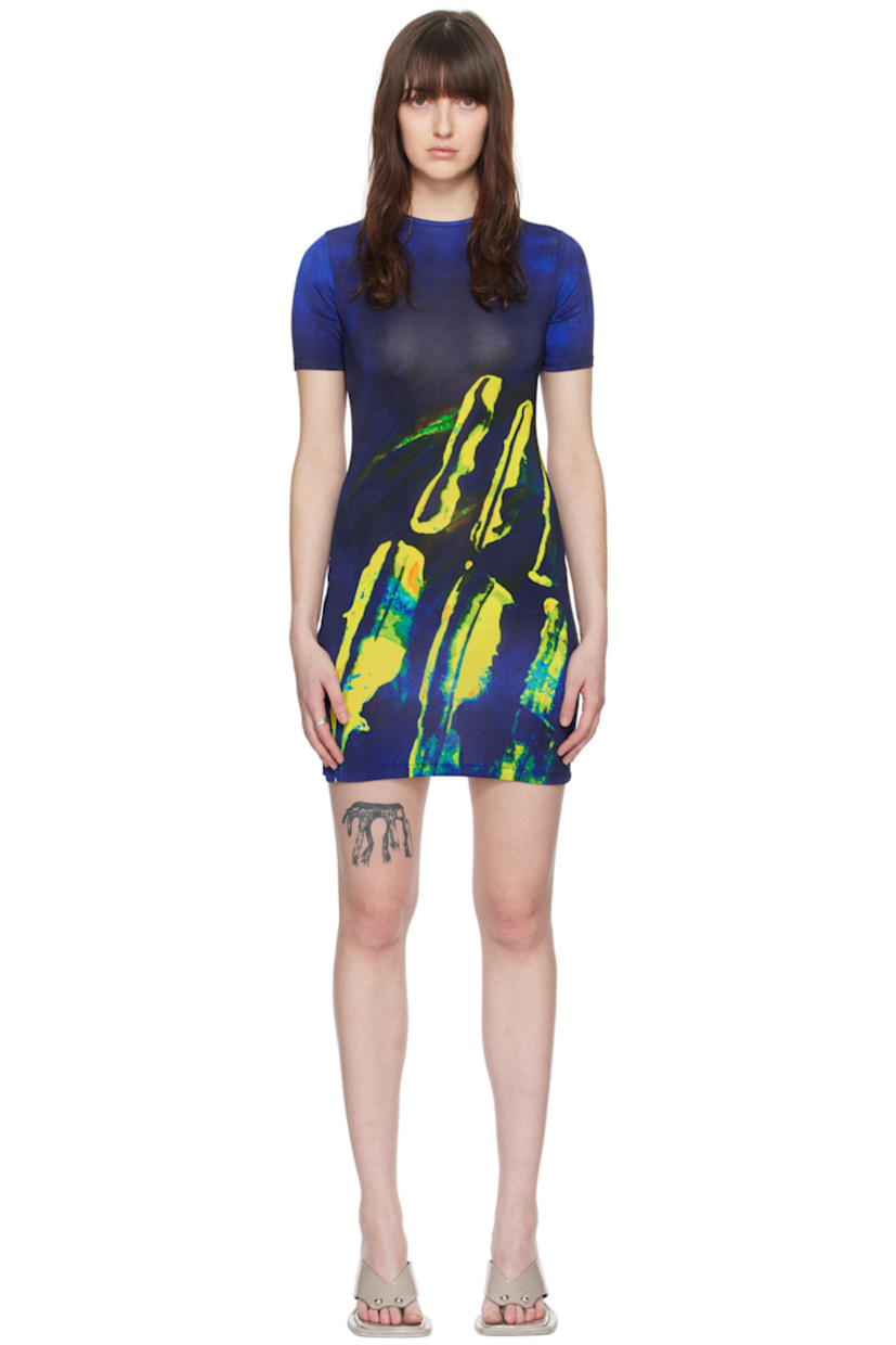 Stretch viscose mesh dress. Graphic pattern printed throughout.

· Panelled construction
· Crewneck
· Asymmetric hem
· O-ring at side seam
· Unlined

Supplier color: Lapis