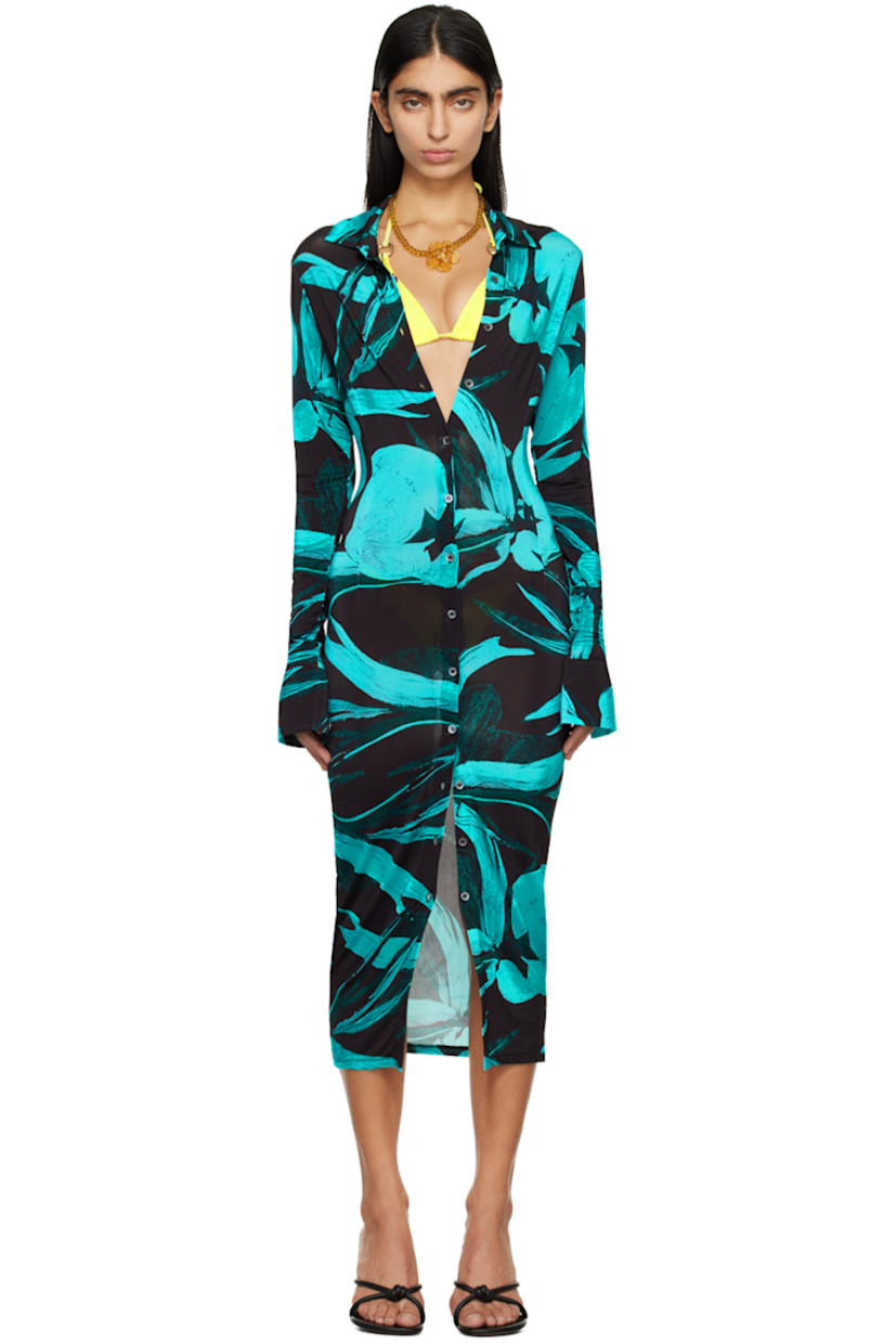Stretch viscose jersey dress. Floral pattern printed throughout.

· Spread collar
· Button closure
· Adjustable two-button barrel cuffs

Supplier color: Turquoise flower