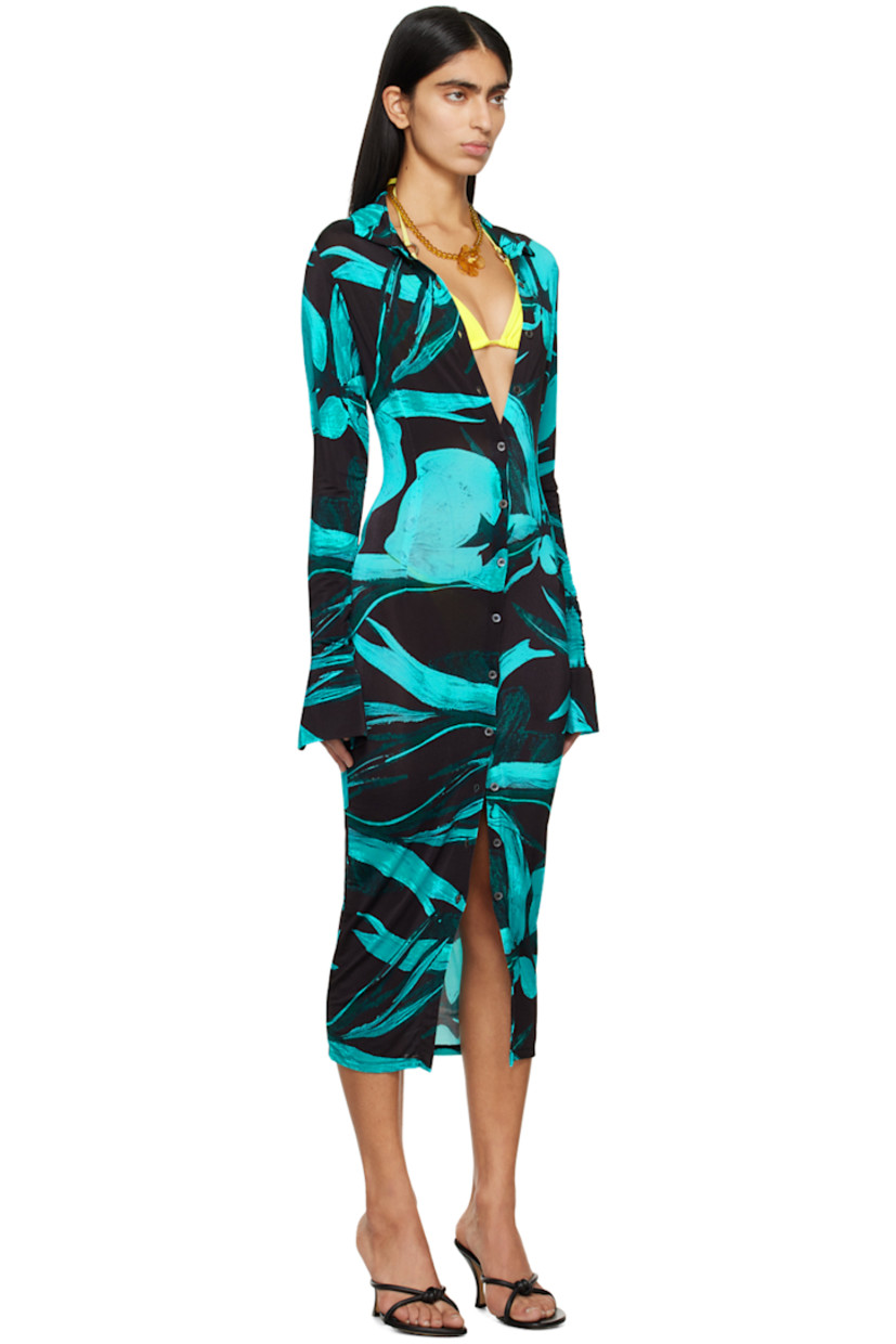 Stretch viscose jersey dress. Floral pattern printed throughout.

· Spread collar
· Button closure
· Adjustable two-button barrel cuffs

Supplier color: Turquoise flower