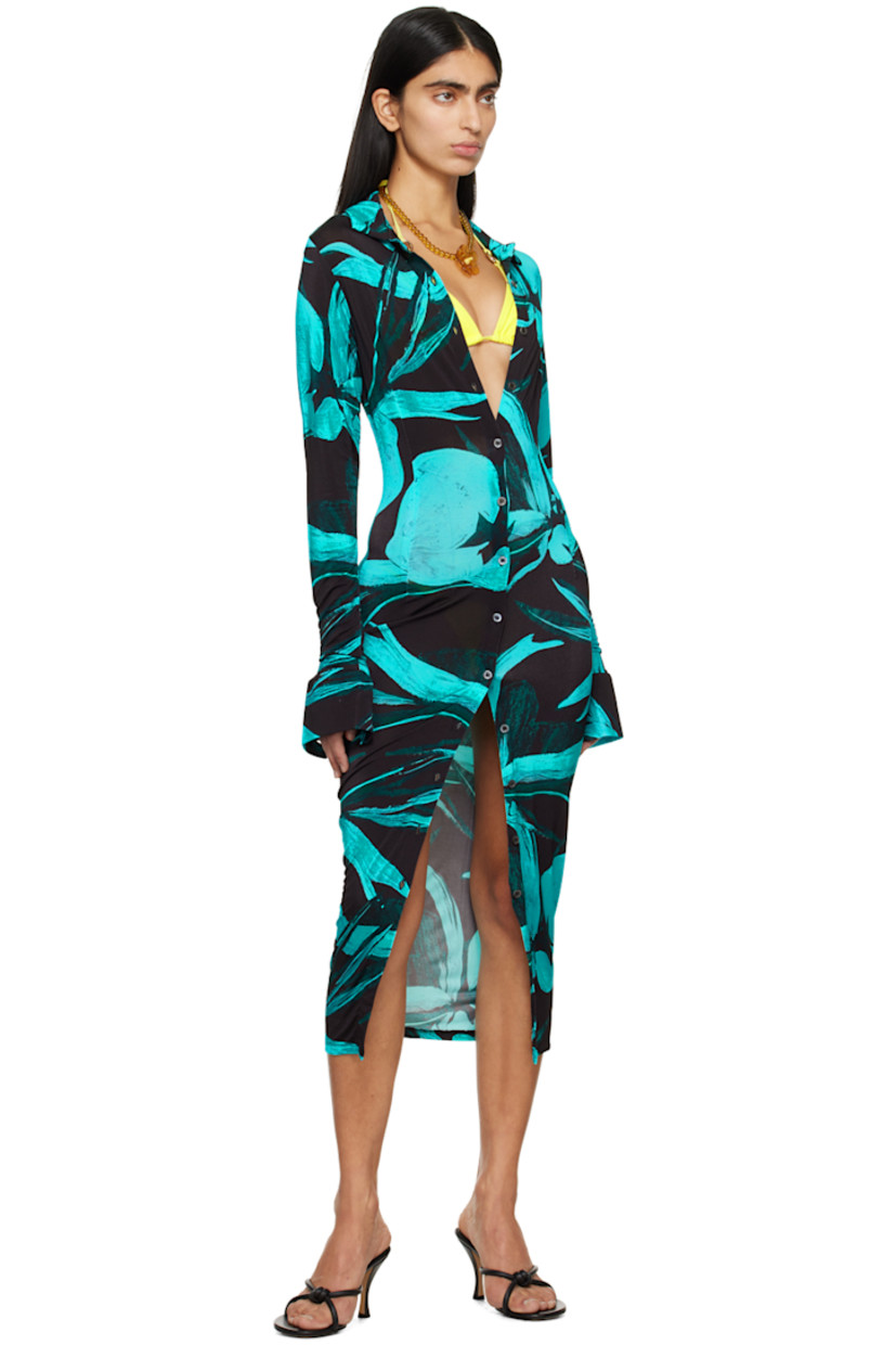 Stretch viscose jersey dress. Floral pattern printed throughout.

· Spread collar
· Button closure
· Adjustable two-button barrel cuffs

Supplier color: Turquoise flower