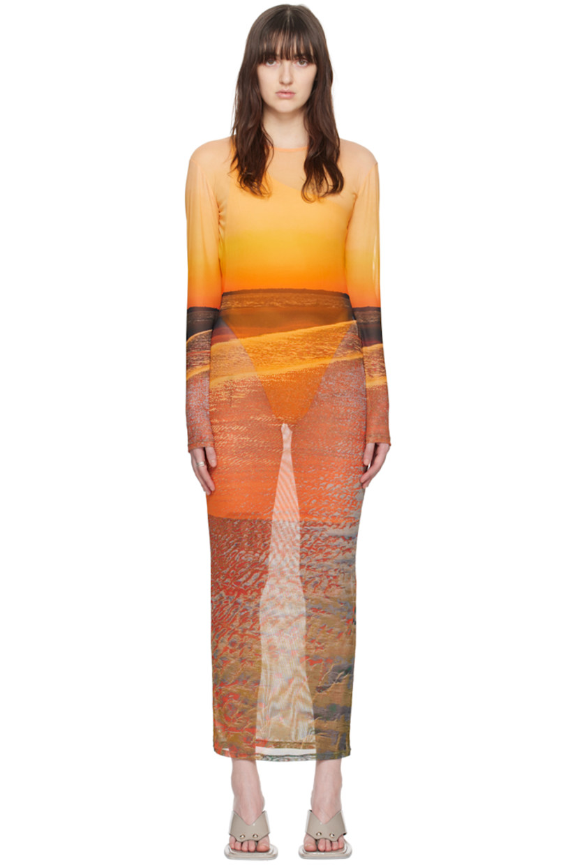 Stretch polyester mesh dress. Graphic pattern printed throughout.

· Paneled construction
· Crewneck
· Unlined

Supplier color: Painted sunset
