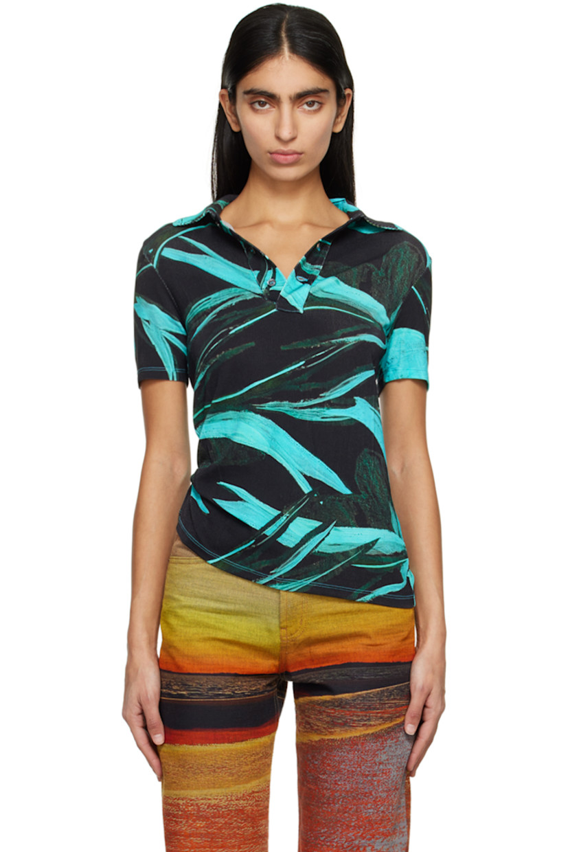Rib knit stretch cupro polo. Floral pattern printed throughout.

· Spread collar
· Three-button placket

Supplier color: Turquoise flower