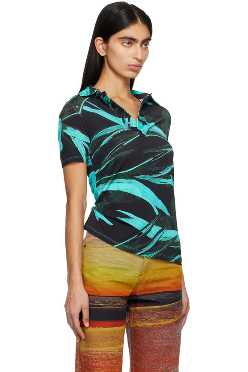 Rib knit stretch cupro polo. Floral pattern printed throughout.

· Spread collar
· Three-button placket

Supplier color: Turquoise flower