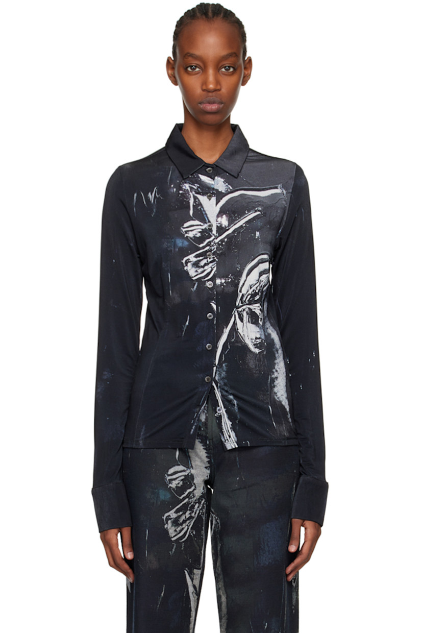 Stretch viscose-blend jersey shirt. Graphic pattern printed throughout.

· Spread collar
· Button closure
· Two-button barrel cuffs
· Mother-of-pearl hardware

Supplier color: Painted flower