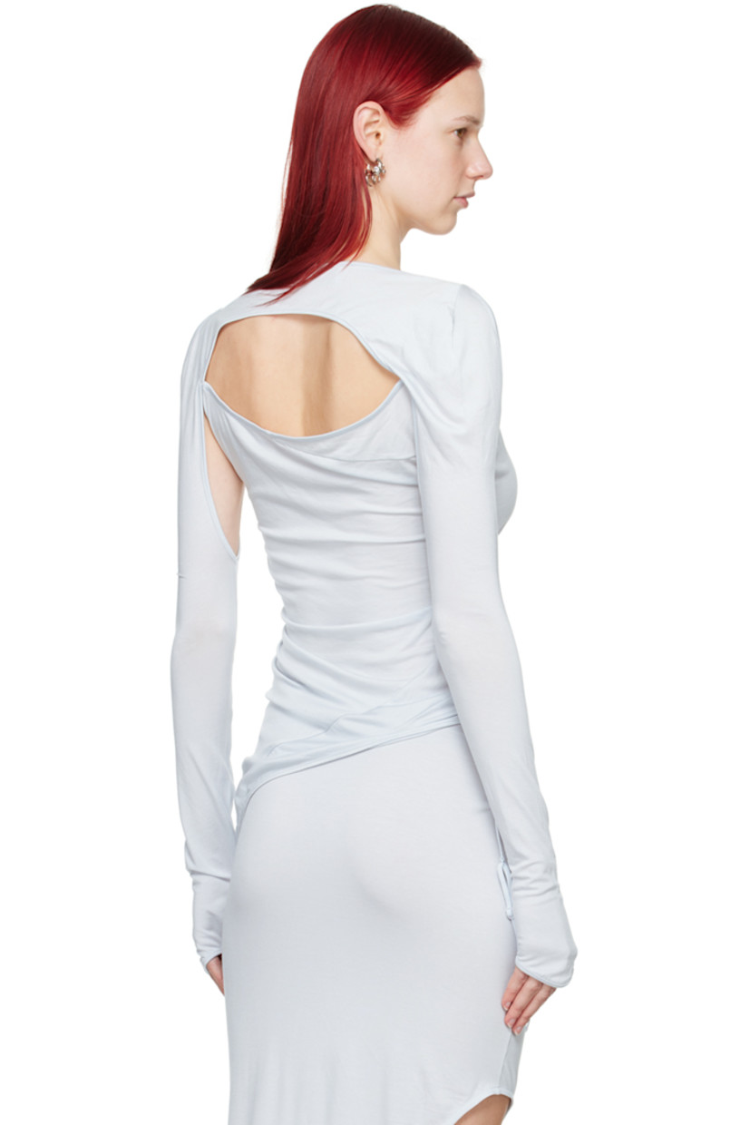 Stretch lyocell jersey T-shirt.

· Paneled construction 
· Square neck 
· Asymmetric hem
· Cutout at side seams and sleeve
· Fixed spaghetti shoulder straps
· Thumbhole at bolero-style sleeves

Part of the 6.0 collection.

Supplier color: Sky blue