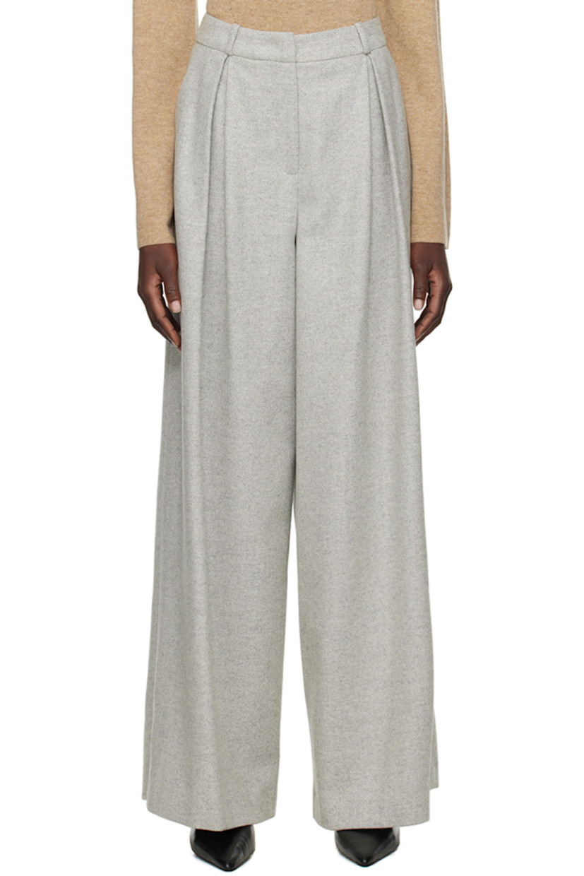 Wool-blend herringbone trousers.

· Belt loops
· Four-pocket styling
· Zip-fly
· Inverted box pleats at front

Supplier color: Heather grey