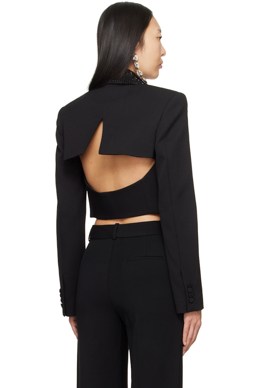 Stretch wool twill blazer. 

· Crystal-cut detailing at shawl lapel
· Single-button closure
· Welt pocket
· Cropped hem
· Padded shoulders
· Four-button surgeon's cuffs
· Vent and cutout at back
· Fully lined 

Supplier color: Black