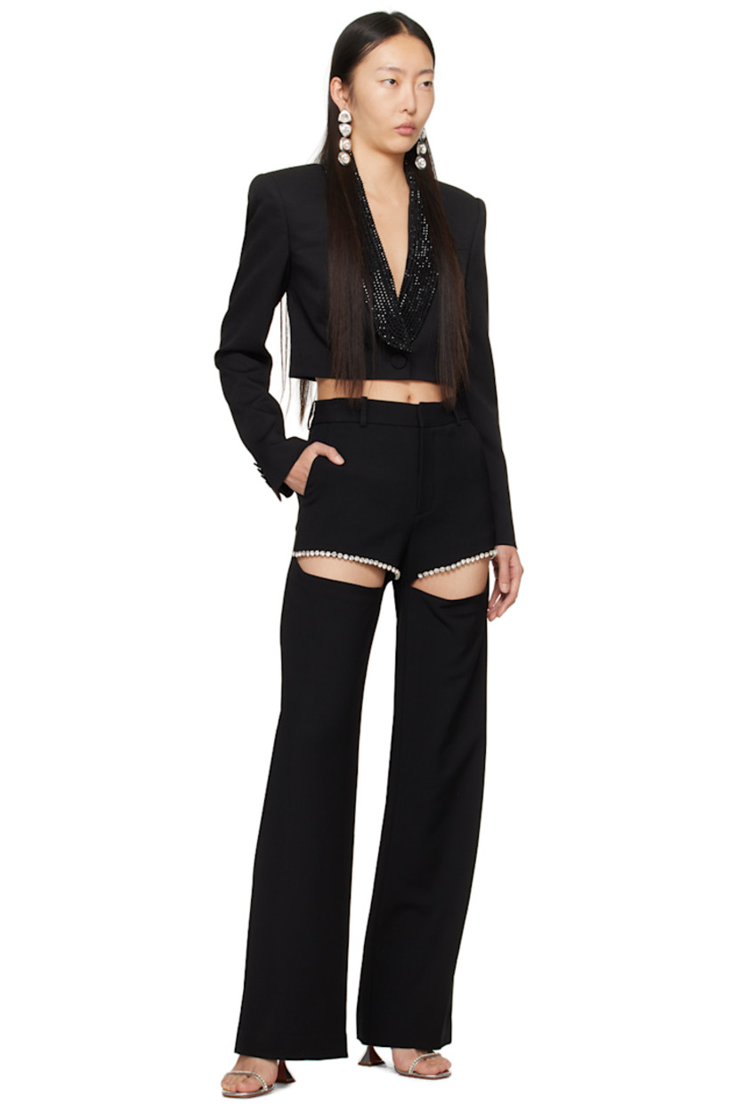 Stretch wool twill blazer. 

· Crystal-cut detailing at shawl lapel
· Single-button closure
· Welt pocket
· Cropped hem
· Padded shoulders
· Four-button surgeon's cuffs
· Vent and cutout at back
· Fully lined 

Supplier color: Black